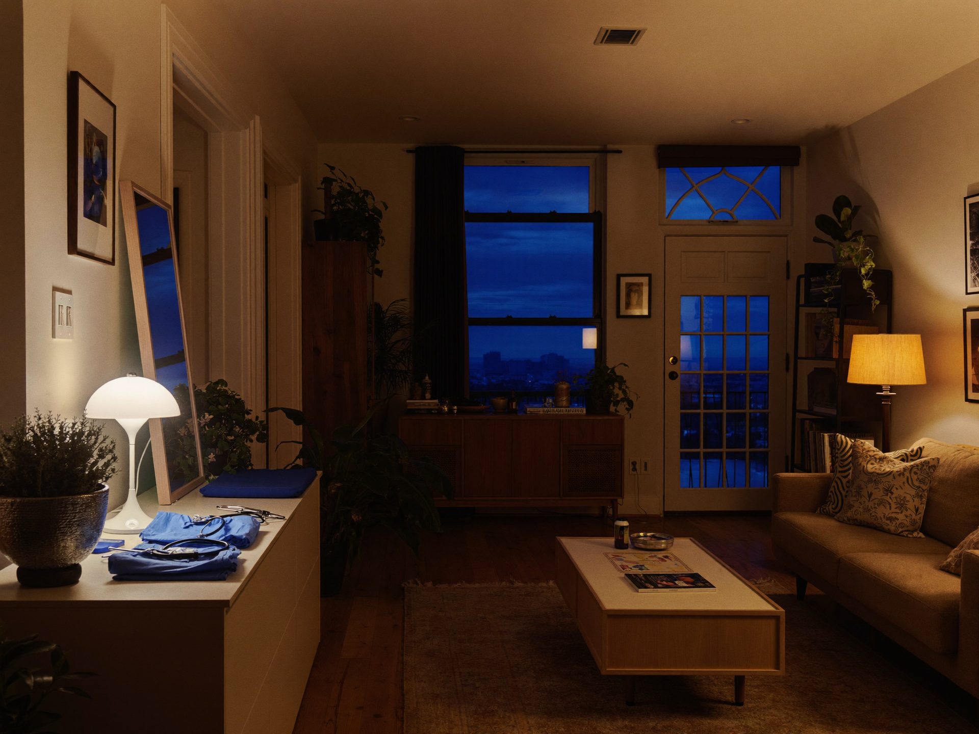 Warm furnished living room at night