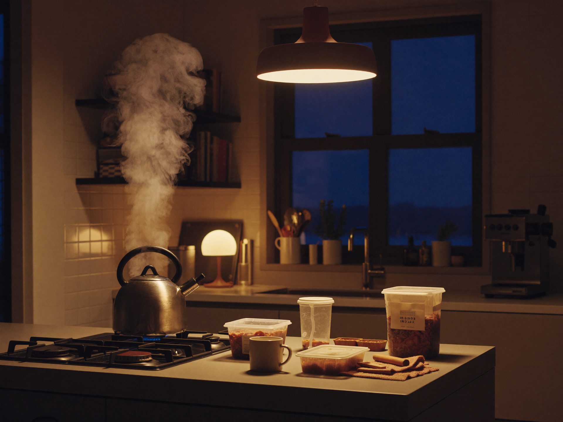 Warm kitchen at night with kettle steaming